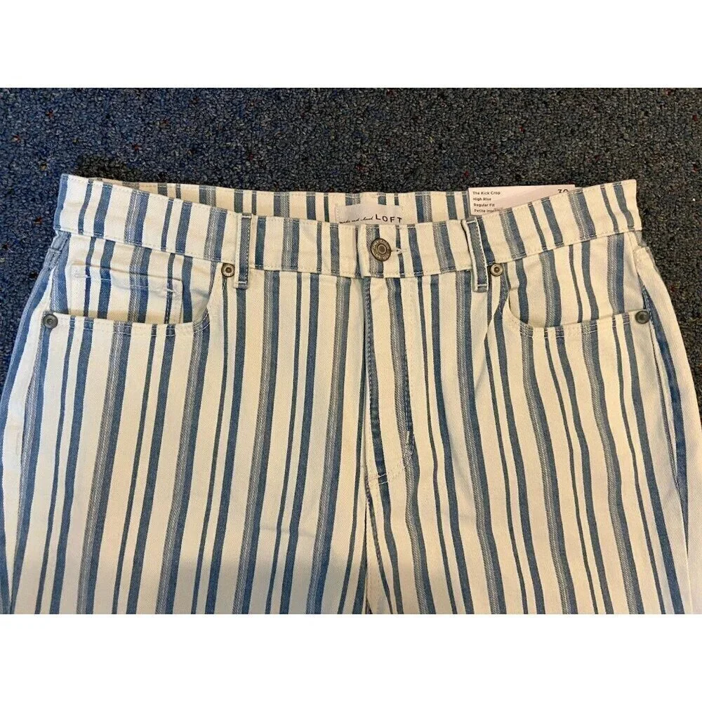 NWT Ann Taylor Loft Kick Crop High Rise Jeans Blue White Stripe 30 10 Petite New